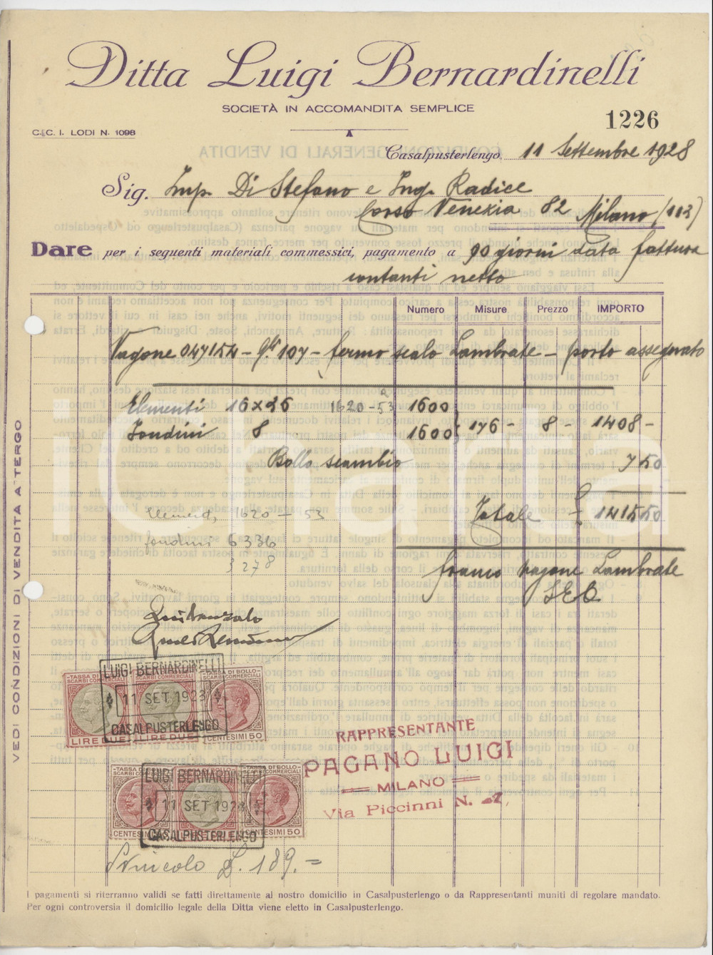 Documento originale, autentico 1928 CASALPUSTERLENGO Ditta Luigi BERNARDINELLI Materiali edili  Fattura 2 1