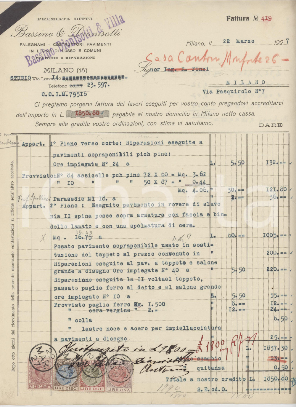 Documento originale, autentico 1927 MILANO Via Pasquirolo 7  BASSINO & DIONISOTTI Pavimentazioni  Fattura 1