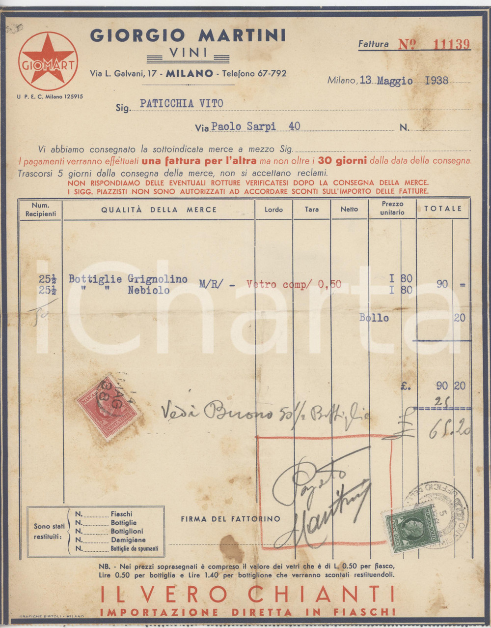 Documento originale, autentico 1938 MILANO via Galvani 17  Giorgio MARTINI Vini   Fattura 1