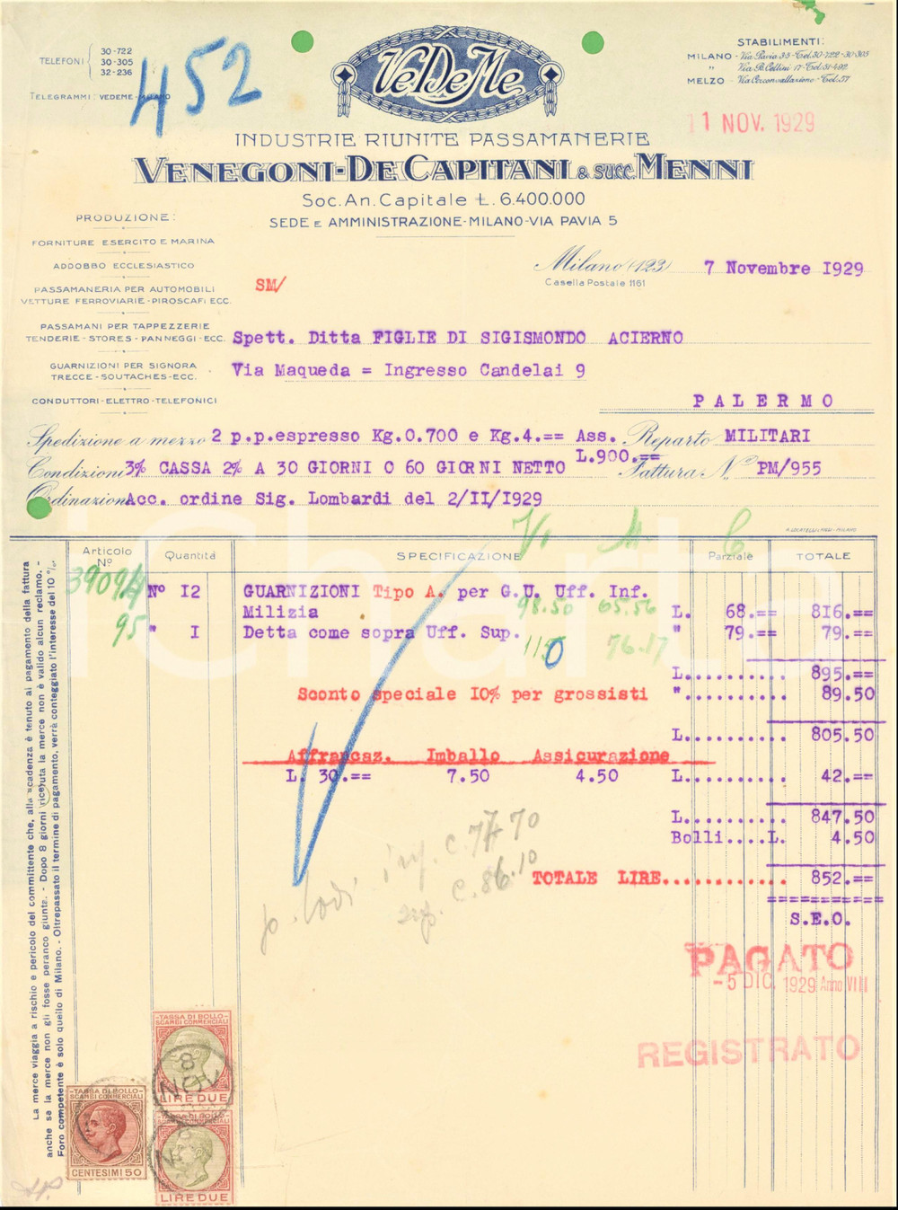 Documento originale, autentico 1929 MILANO Via Pavia 5  SocietÃ  VE.DE.ME. Passamanerie e guarnizioni  Fattura 1