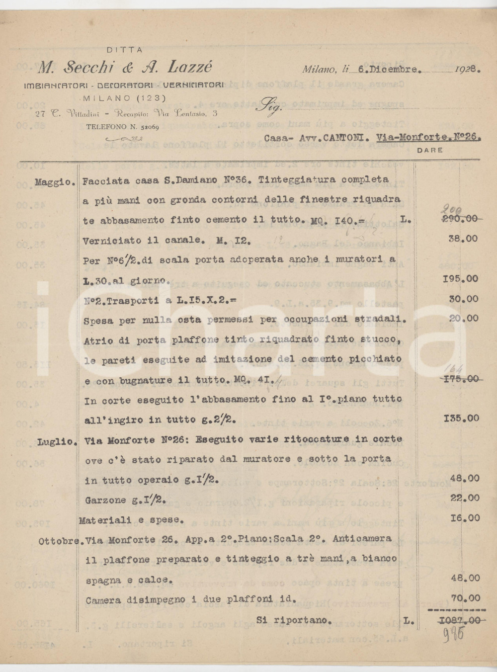 Documento originale, autentico 1928 MILANO Via Vittadini 27  Ditta M. SECCHI & A. LAZZÃ‰ Tinteggiature Fattura 1