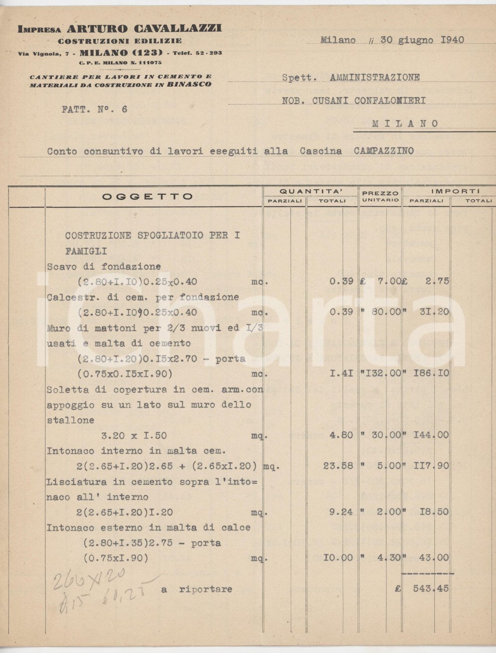 Documento originale, autentico 1940 MILANO Via Vignola 7  Arturo CAVALLAZZI Costruzioni edilizie  Fattura 1