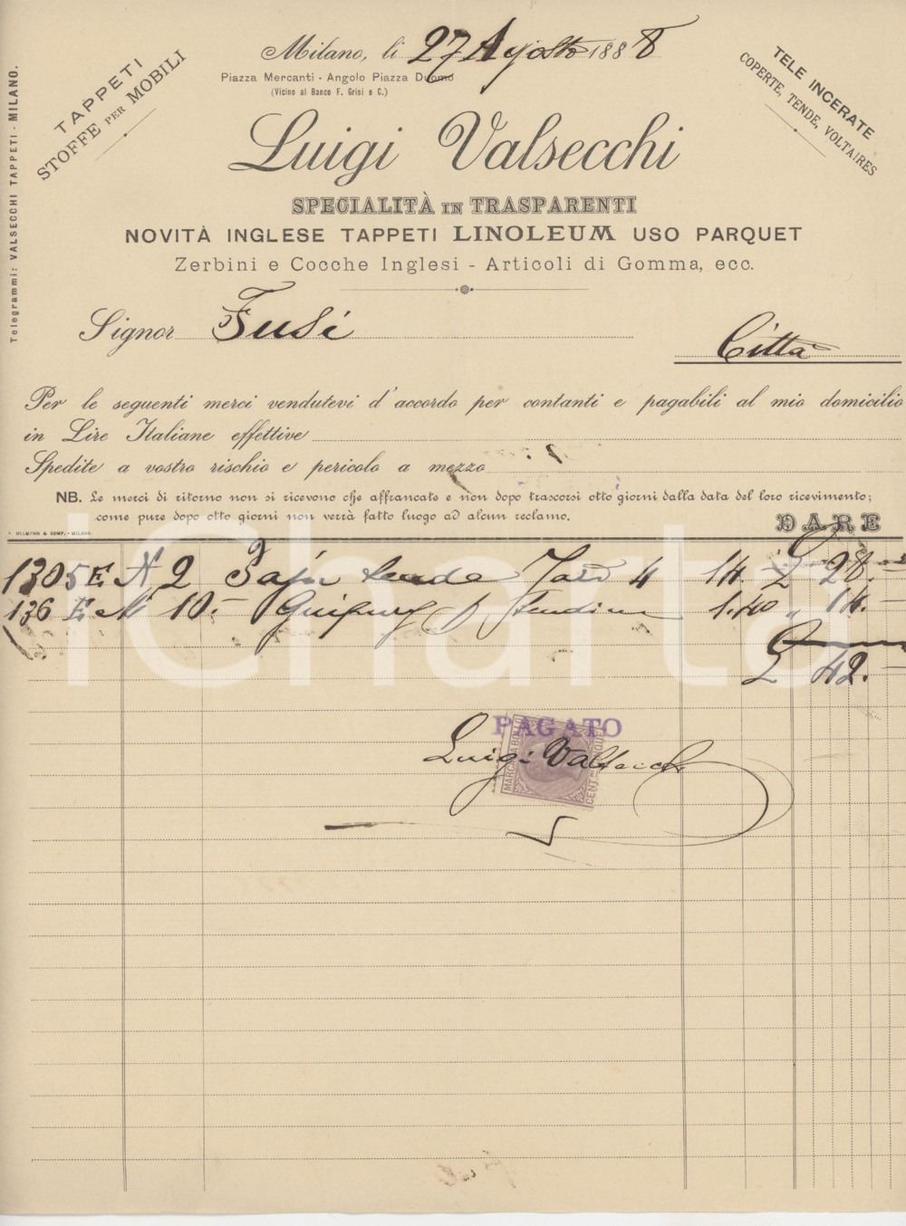 Documento originale, autentico 1888 MILANO Piazza Mercanti  Luigi VALSECCHI Tappeti e tappezzeria  Fattura 1