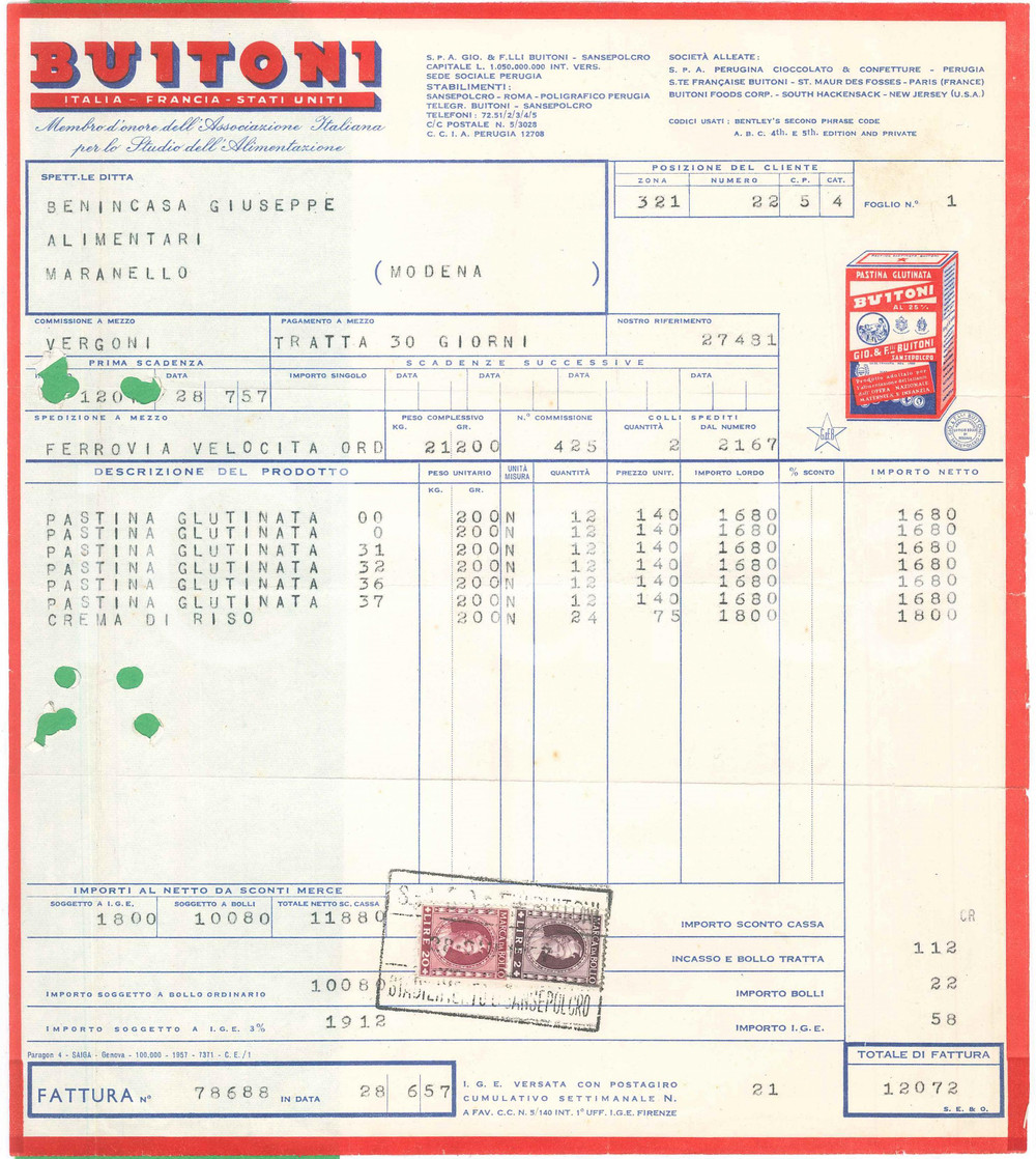 Documento originale, autentico 1957 SANSEPOLCRO F.lli BUITONI Pastina glutinata e crema di riso  Fattura 1