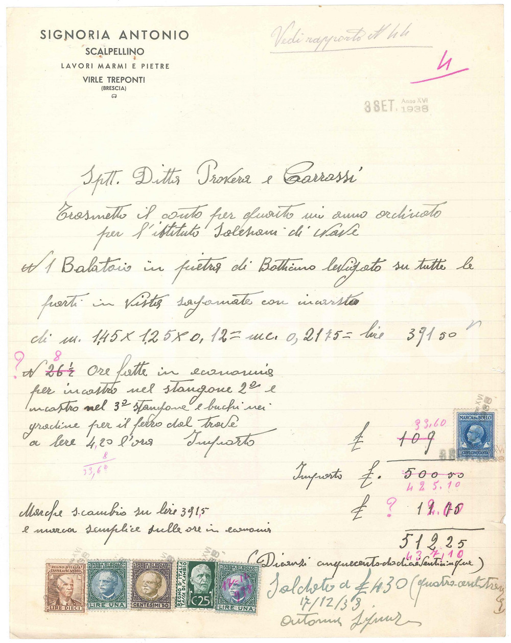 Documento originale, autentico 1938 VIRLE TREPONTI BS  Antonio SIGNORIA Lavori marmi e pietre  Fattura 2 1