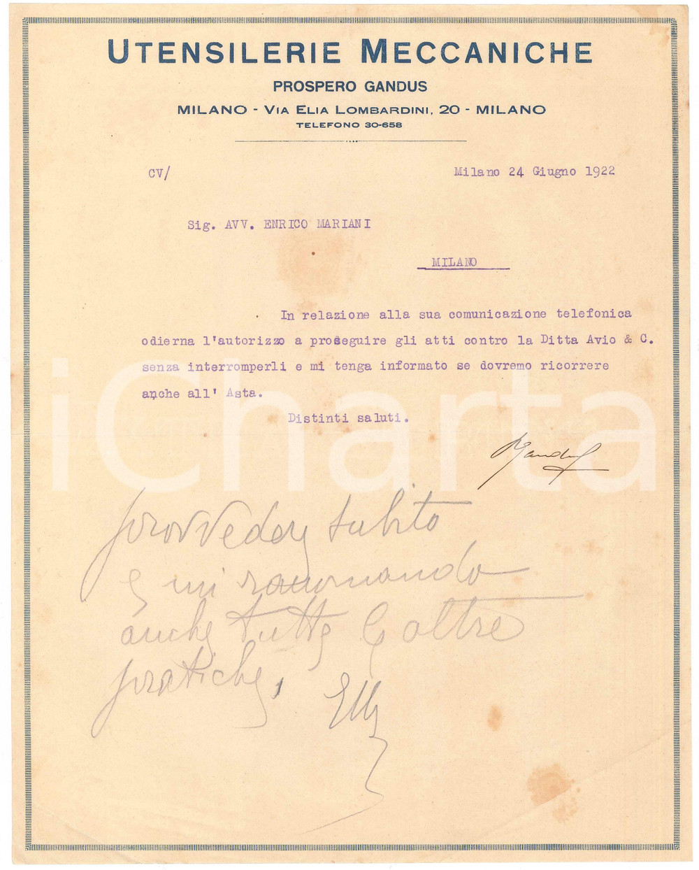 Documento originale, autentico 1922 MILANO Utensilerie Meccaniche Prospero GANDUS Avvio azioni legali  Lettera 1
