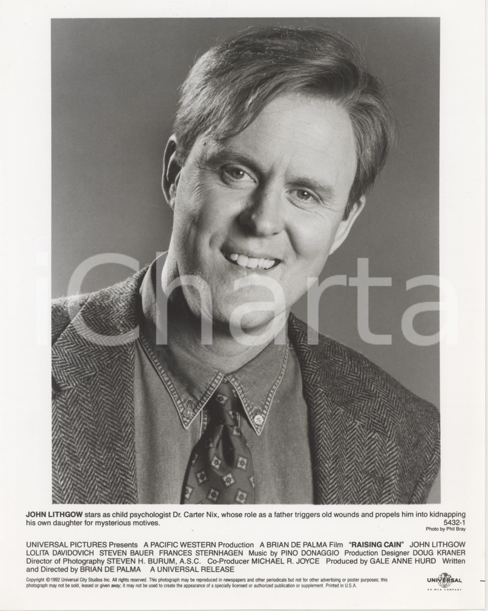 Materiale cinematografico d’epoca 1992 CINEMA Raising Cain  John LITHGOW Ritratto dell attore  Foto 20x25 cm 1