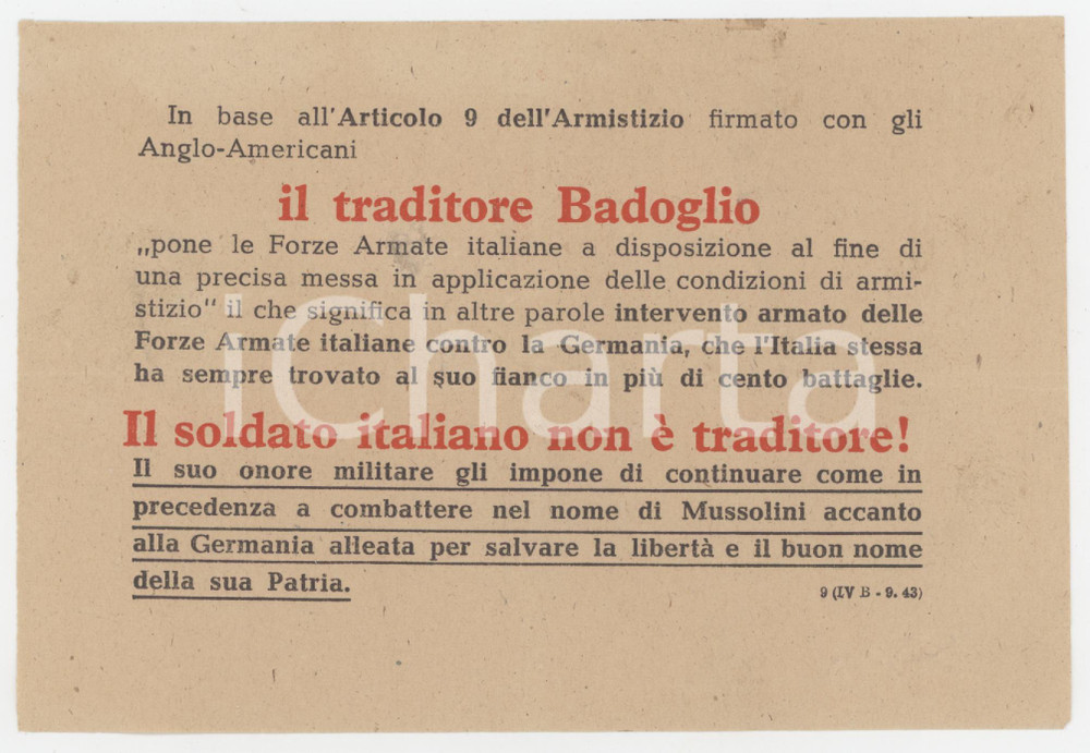 Documento originale, autentico 1943 RSI  PROPAGANDA Il soldato italiano non è traditore  Volantino 16x11 cm 1
