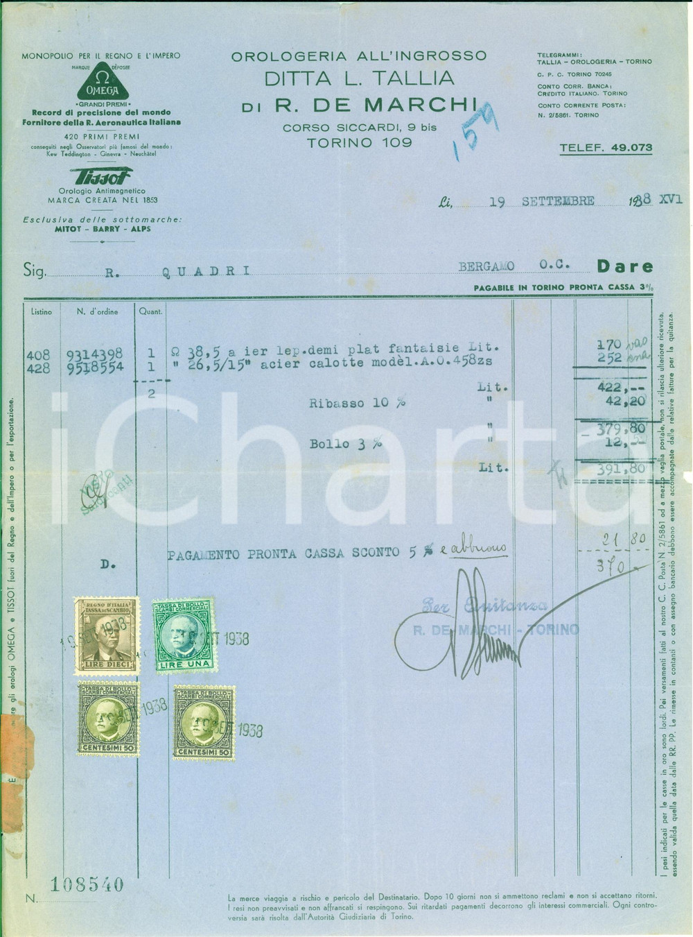 Documento originale, autentico 1938 TORINO  Ditta L. Tallia di R. DE MARCHI Orologi OMEGA  Fattura 1 1
