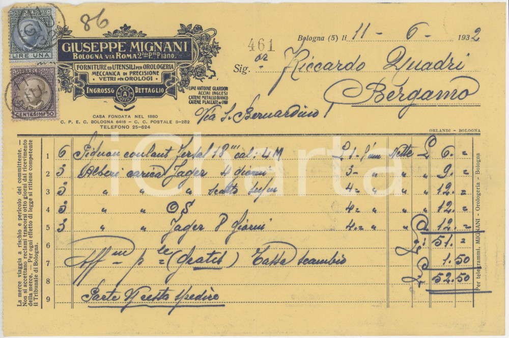Documento originale, autentico 1932 BOLOGNA Via Roma 2  Giuseppe MIGNANI Forniture per orologeria Fattura 1 1