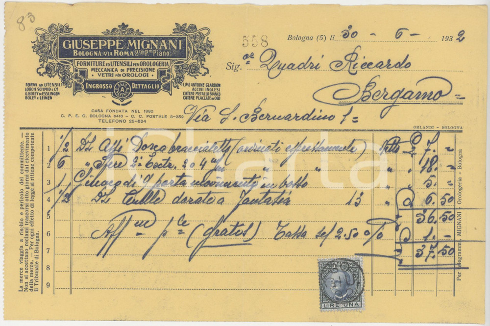 Documento originale, autentico 1932 BOLOGNA Via Roma 2  Giuseppe MIGNANI Forniture per orologeria Fattura 2 1