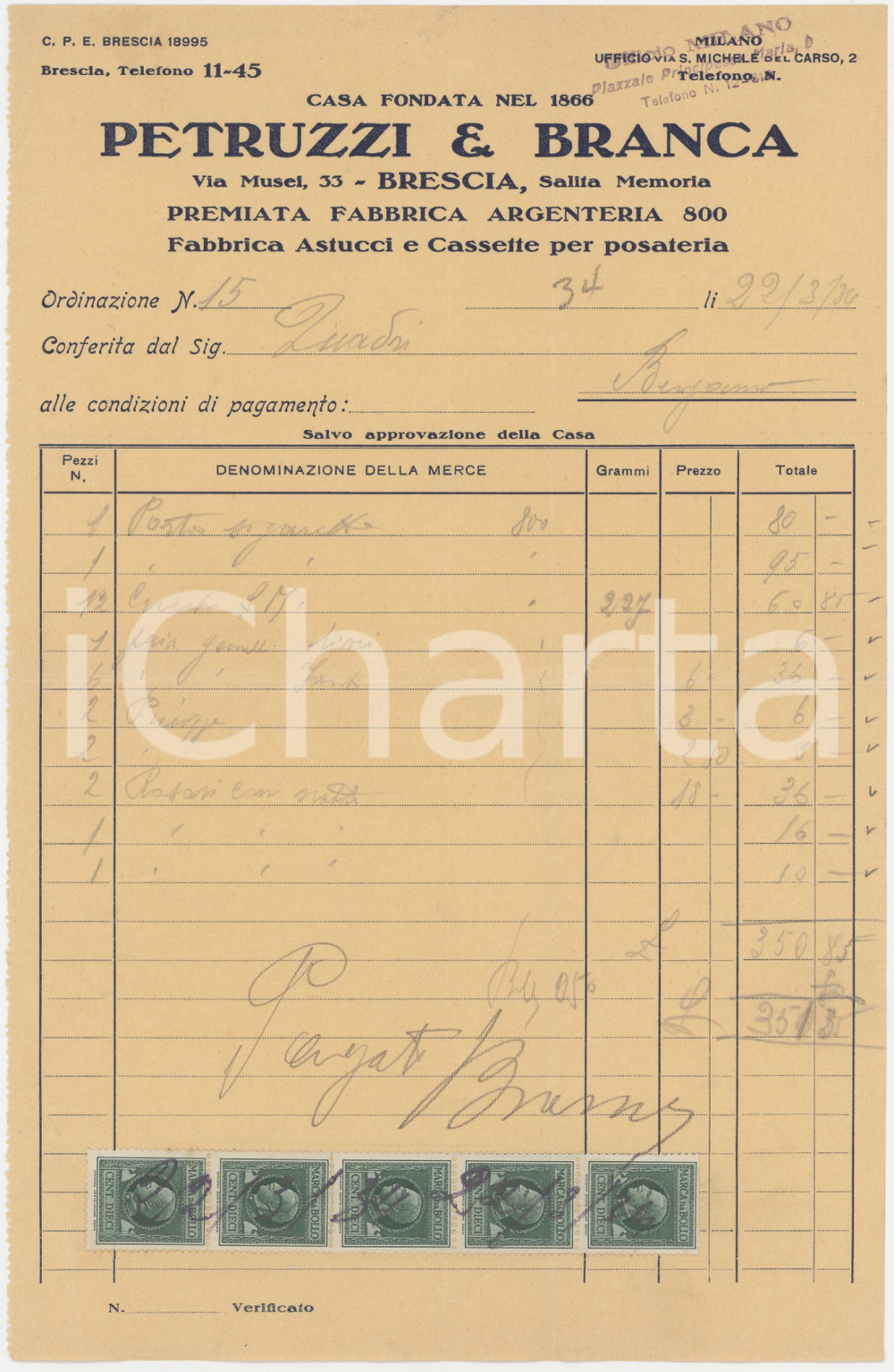 Documento originale, autentico 1934 BRESCIA Via Musei 33  Fabbrica PETRUZZI & BRANCA Argenteria 800  Fattura 1