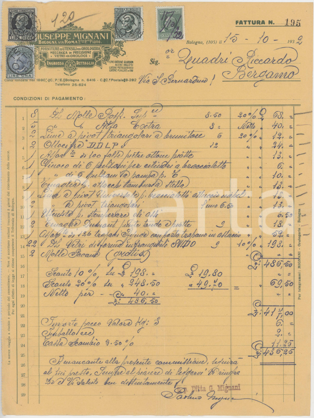 Documento originale, autentico 1932 BOLOGNA Via Roma 2  Giuseppe MIGNANI Forniture per orologeria Fattura 3 1