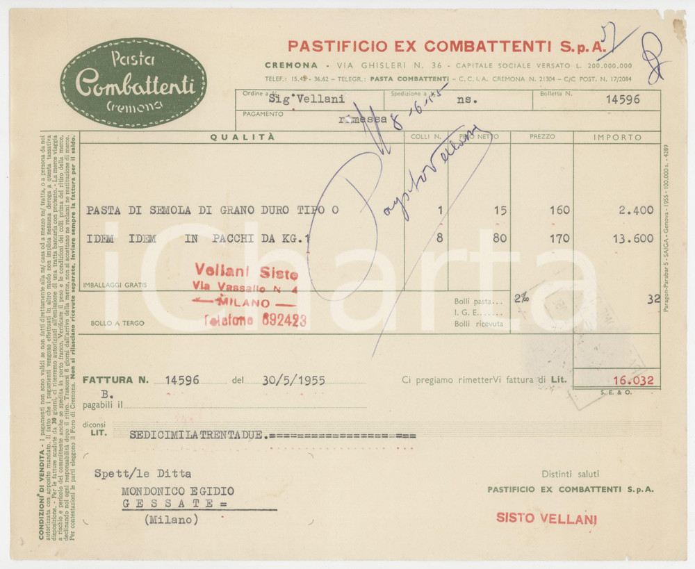 Documento originale, autentico 1955 CREMONA  Pastificio Ex Combattenti S.p.A. Pasta di semola  Fattura 1