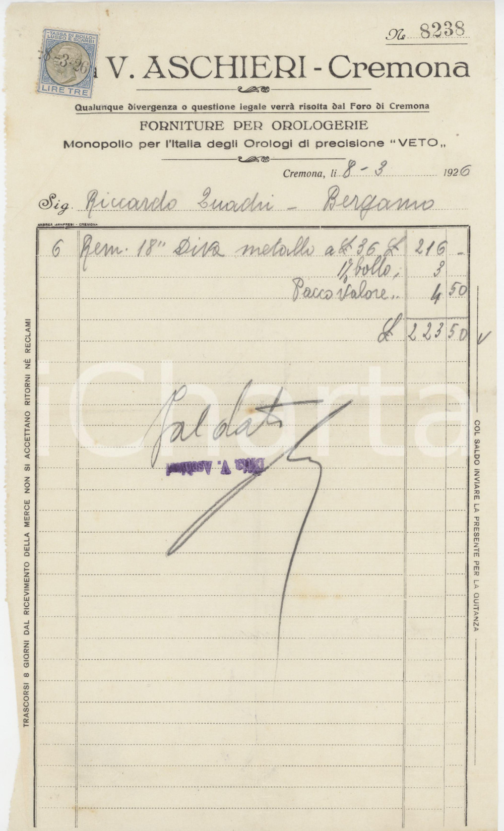 Documento originale, autentico 1926 CREMONA Ditta V. ASCHIERI Forniture per orologerie Fattura commerciale 1 1