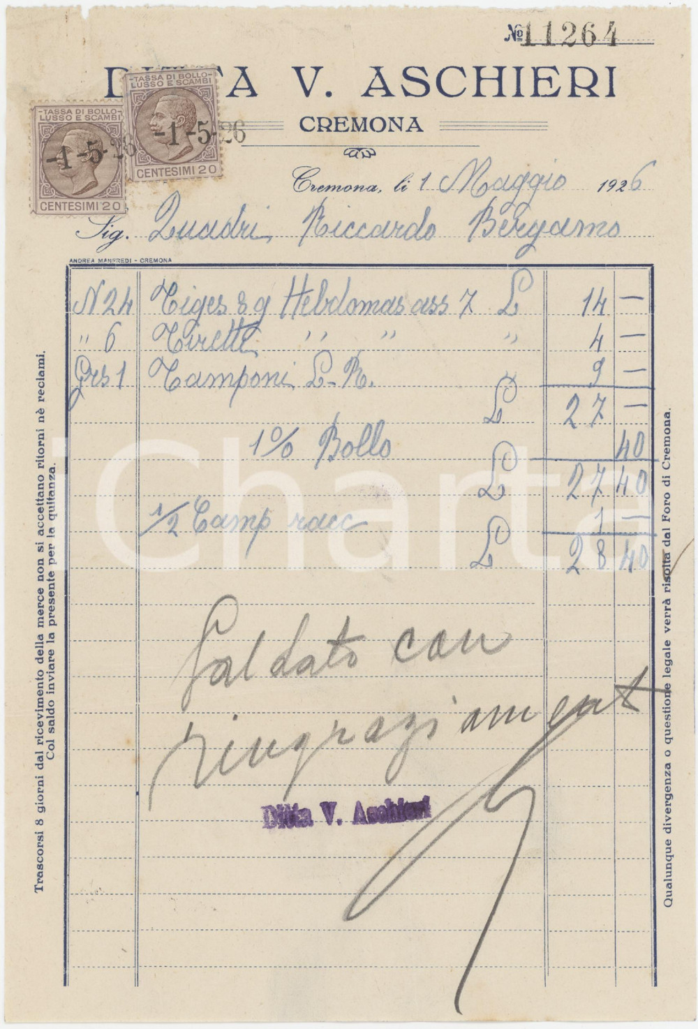 Documento originale, autentico 1926 CREMONA Ditta V. ASCHIERI Forniture per orologerie Fattura commerciale 2 1