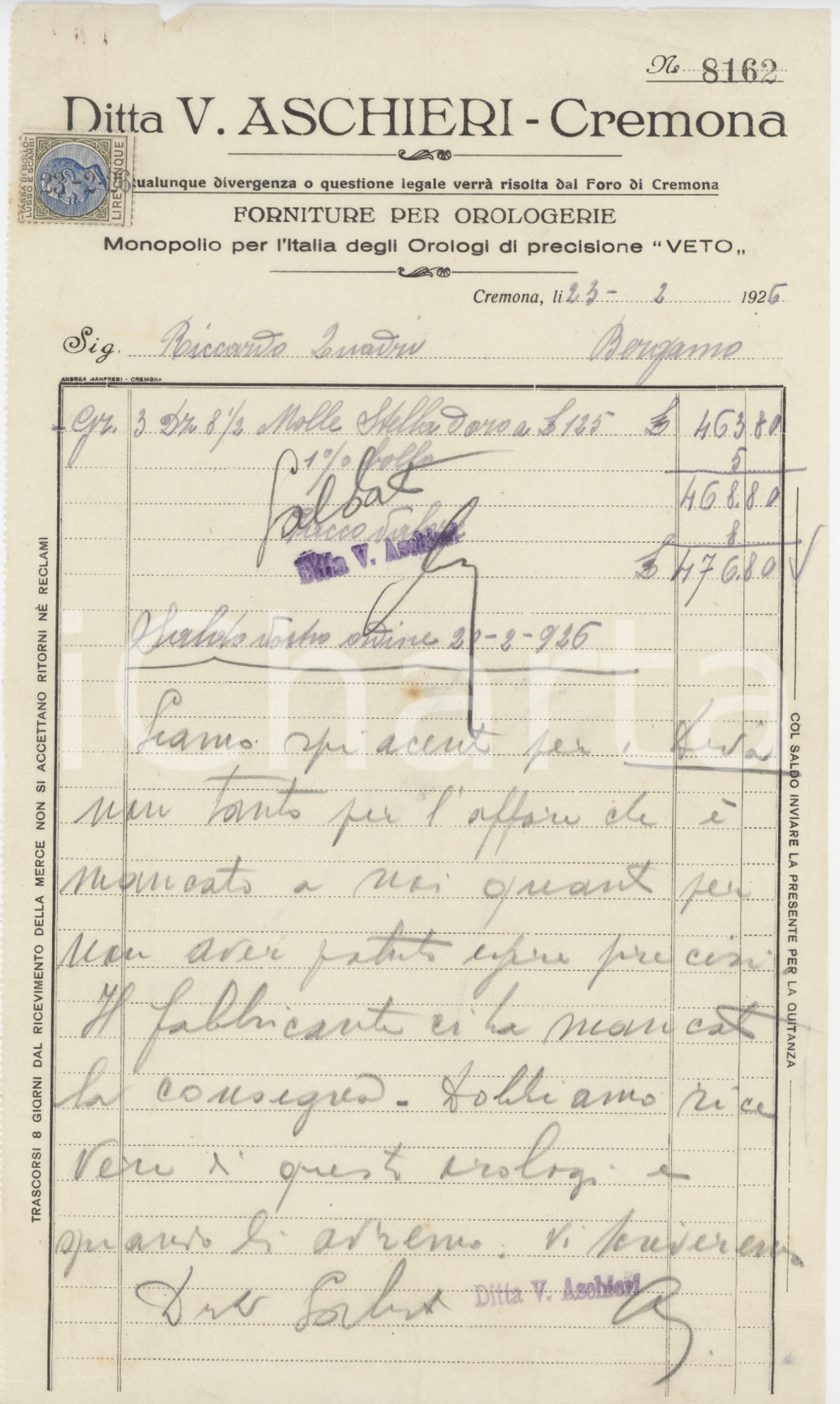 Documento originale, autentico 1926 CREMONA Ditta V. ASCHIERI Forniture per orologerie Fattura commerciale 3 1