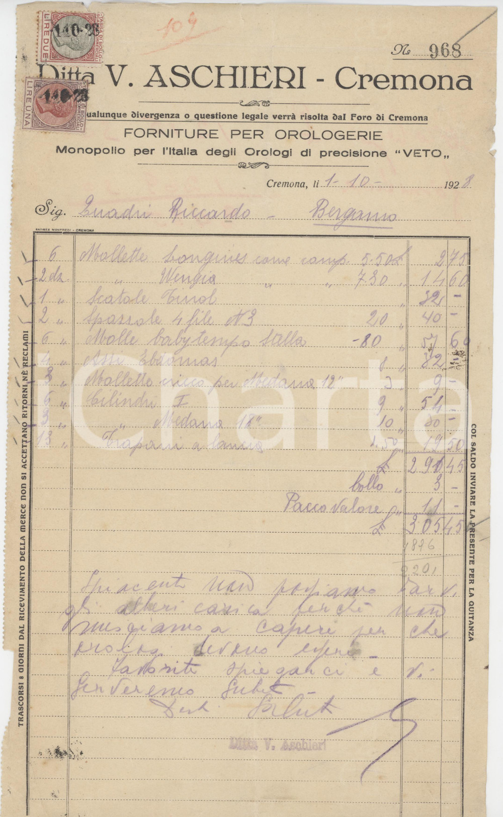Documento originale, autentico 1928 CREMONA Ditta V. ASCHIERI Forniture per orologerie Fattura commerciale 4 1
