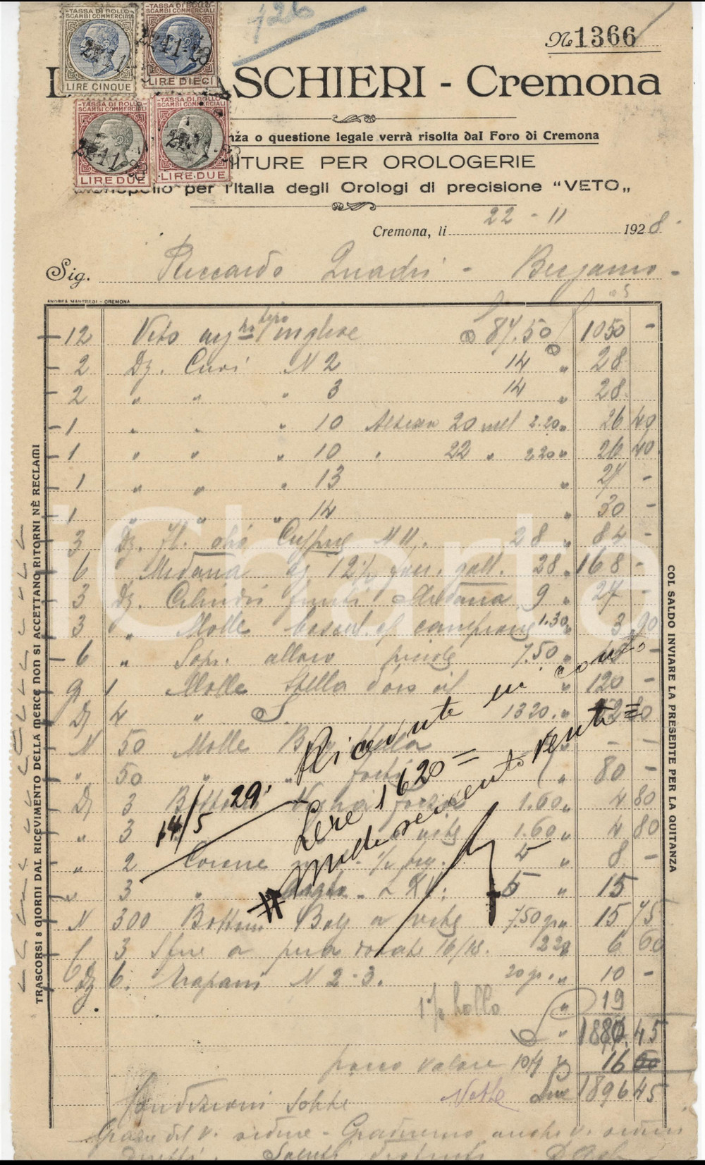 Documento originale, autentico 1928 CREMONA Ditta V. ASCHIERI Forniture per orologerie Fattura commerciale 5 1