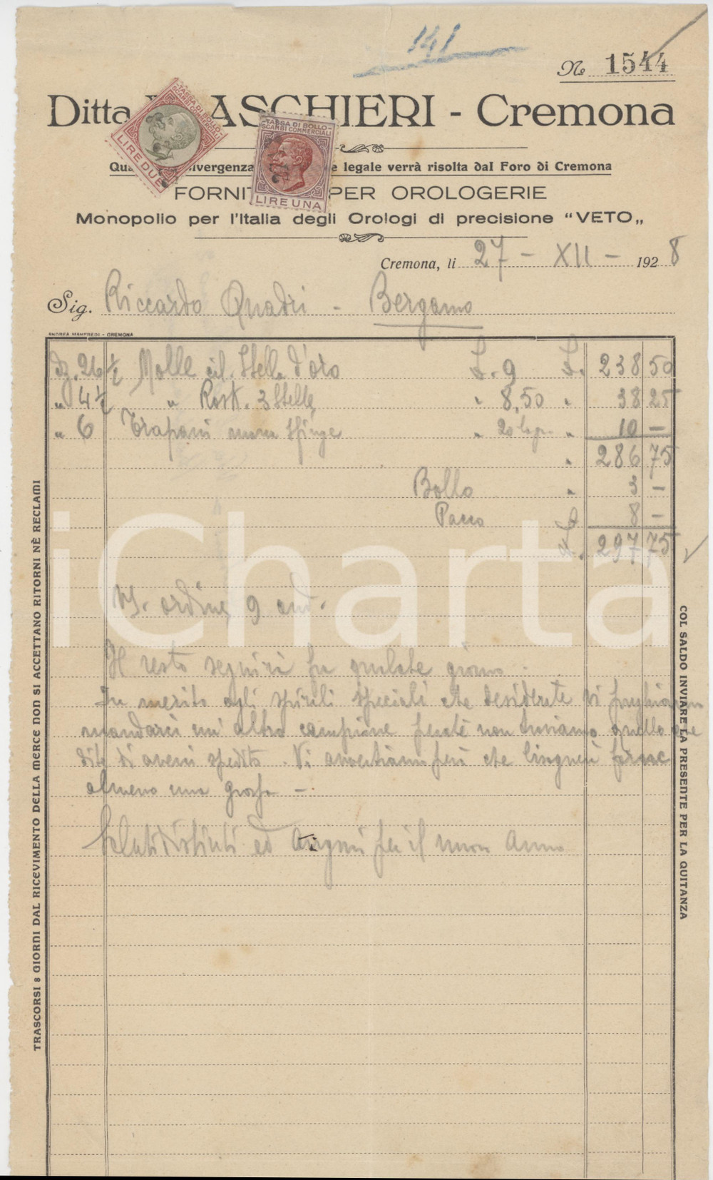 Documento originale, autentico 1928 CREMONA Ditta V. ASCHIERI Forniture per orologerie Fattura commerciale 6 1