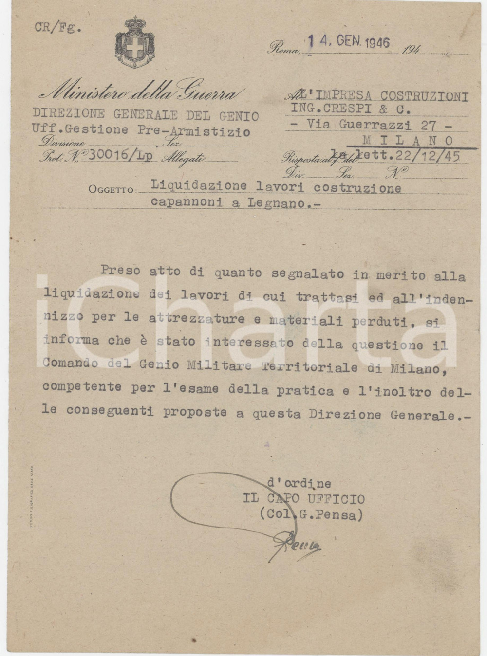 Documento originale, autentico 1946 MINISTERO DELLA GUERRA Liquidazione capannoni a LEGNANO Lettera 15x21 1