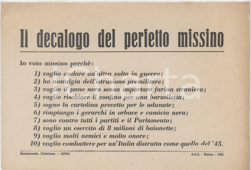 Documento originale, autentico 1953 DEMOCRAZIA CRISTIANA Decalogo del perfetto missino MSI Propaganda 21x14 cm 1