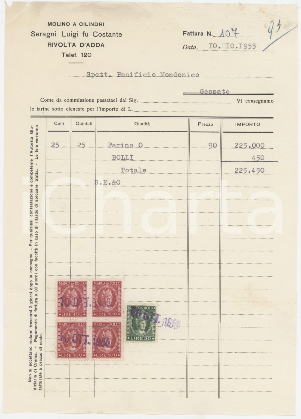 Documento originale, autentico 1955 RIVOLTA D ADDA  SERAGNI Luigi fu Costante Farina  Fattura commerciale 2 1