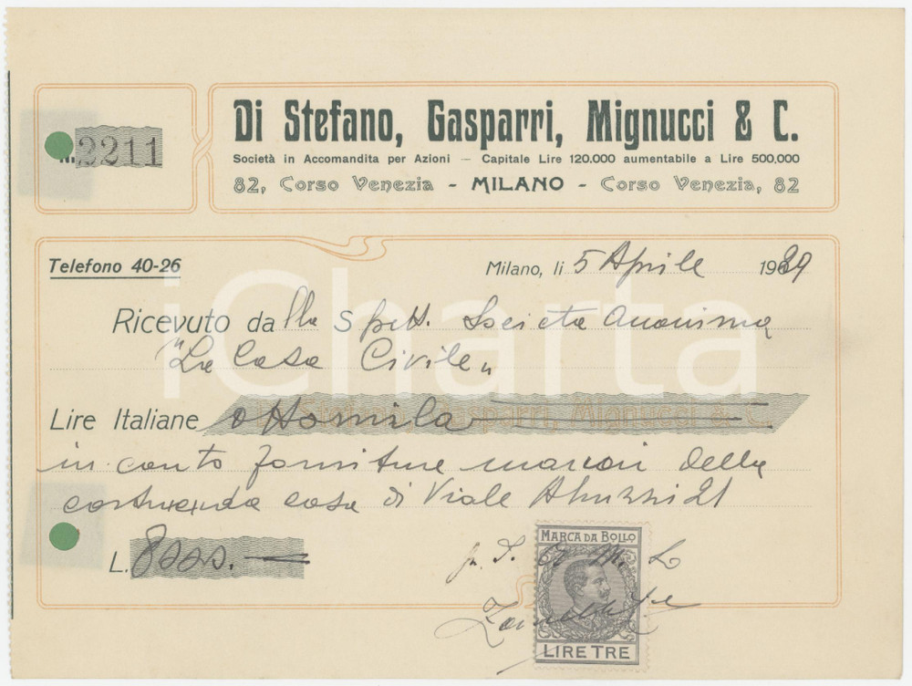 Documento originale, autentico 1929 MILANO Corso Venezia  DI STEFANO, GASPARRI, MIGNUCCI Costruzioni Ricevuta 1