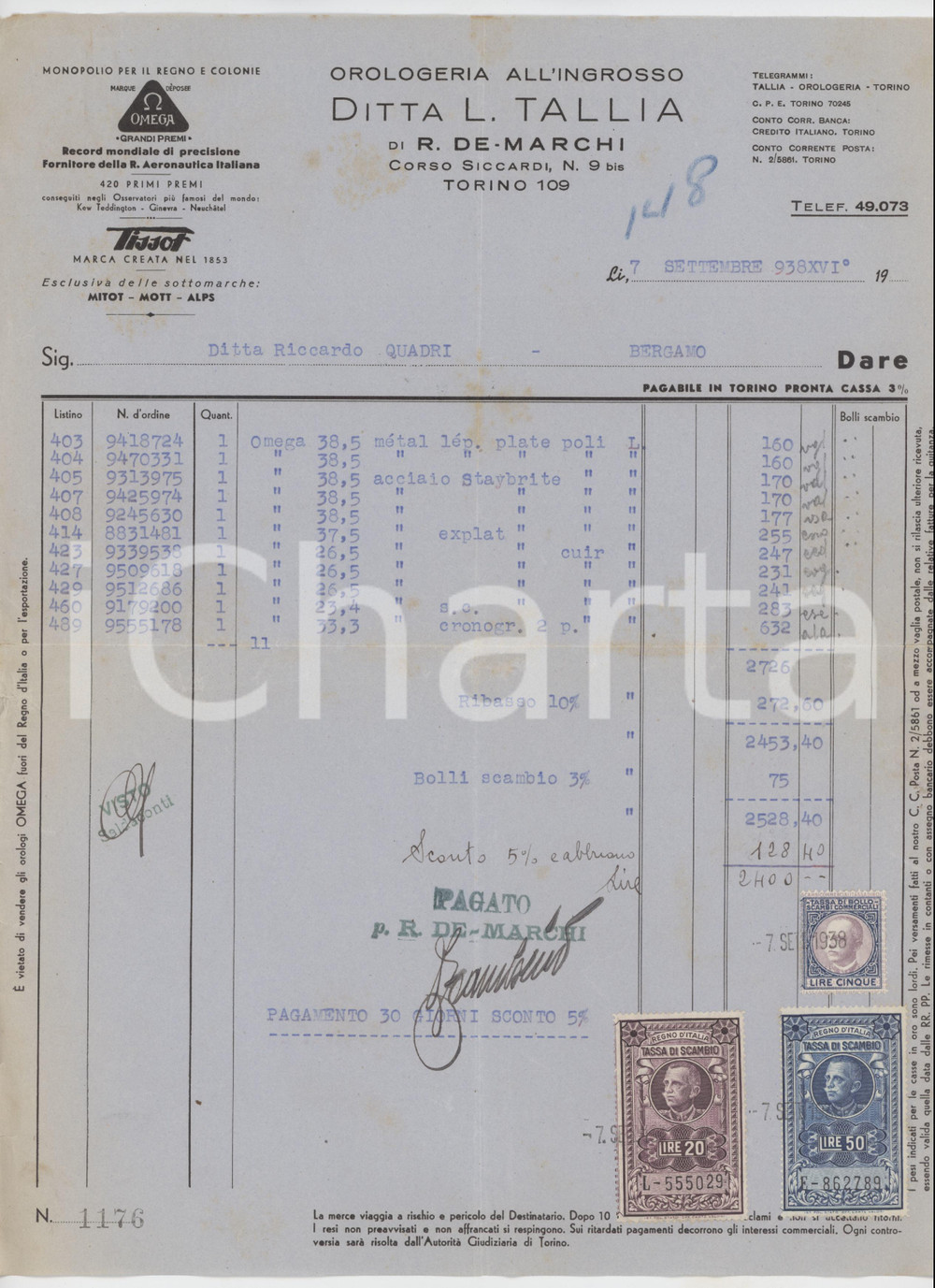 Documento originale, autentico 1938 TORINO  Ditta L. Tallia di R. DE MARCHI Orologi OMEGA  Fattura 3 1