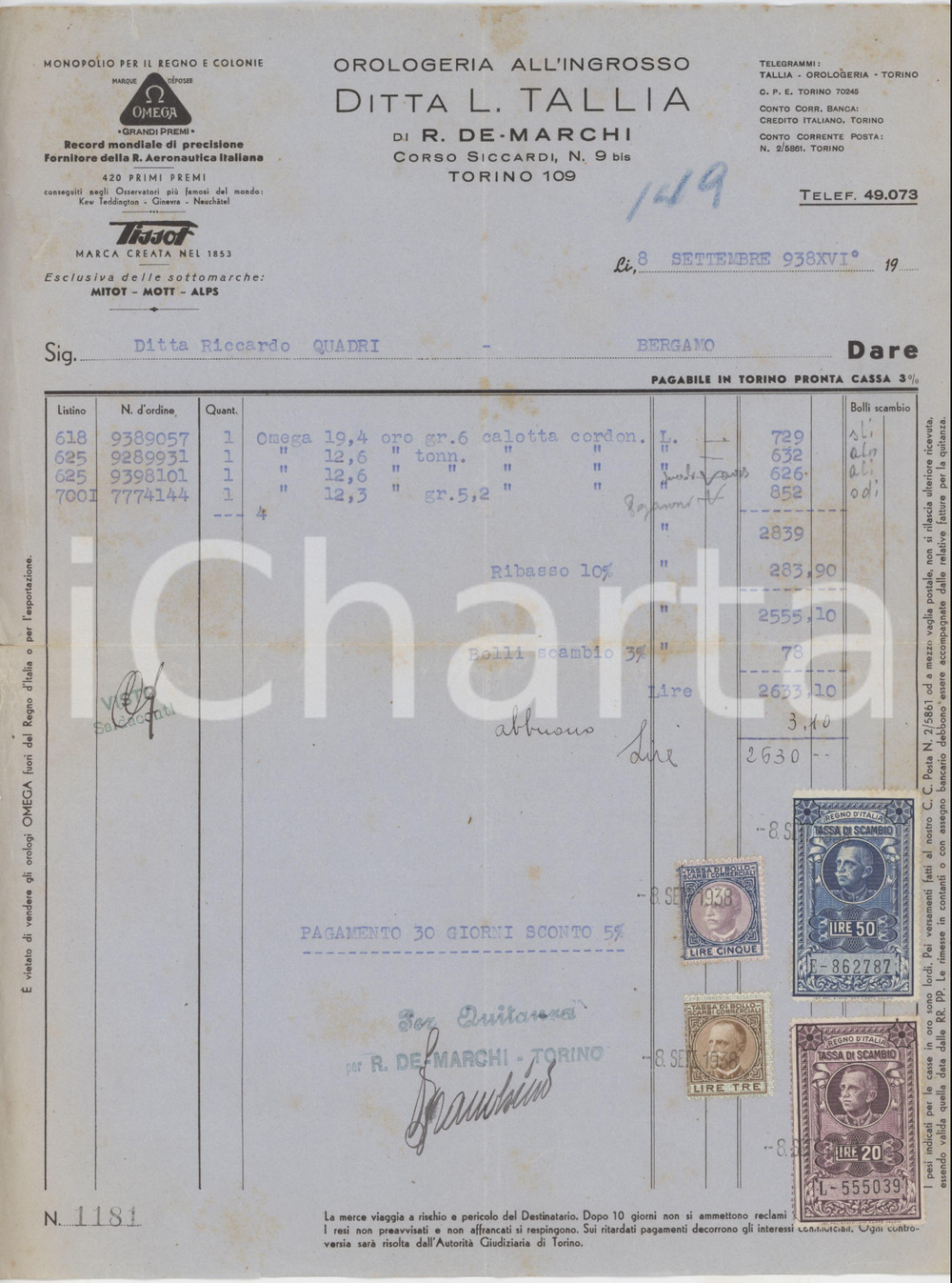 Documento originale, autentico 1938 TORINO  Ditta L. Tallia di R. DE MARCHI Orologi OMEGA  Fattura 2 1