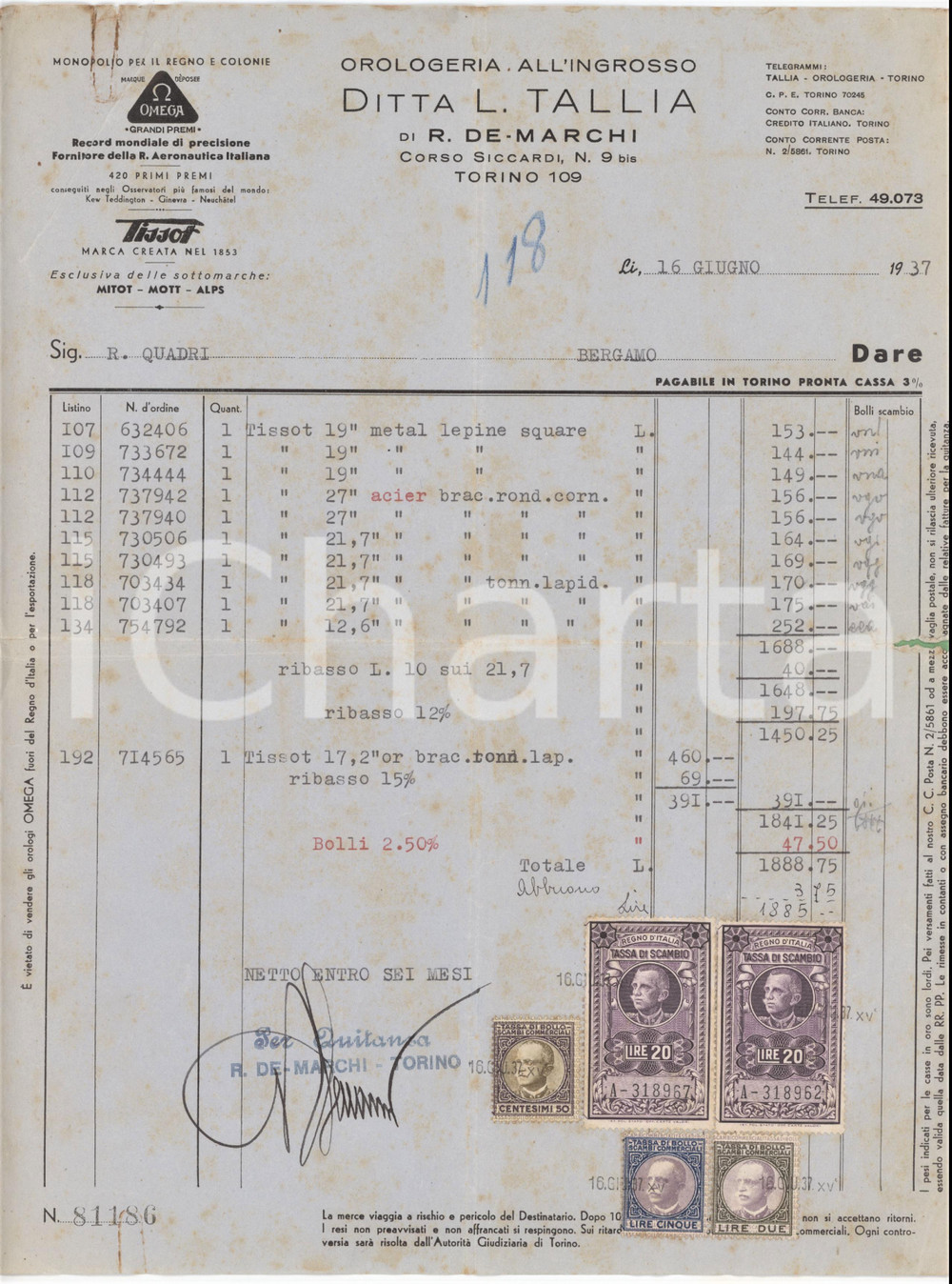 Documento originale, autentico 1937 TORINO Ditta L. Tallia di R. DE MARCHI Orologi TISSOT  Fattura commerciale 1