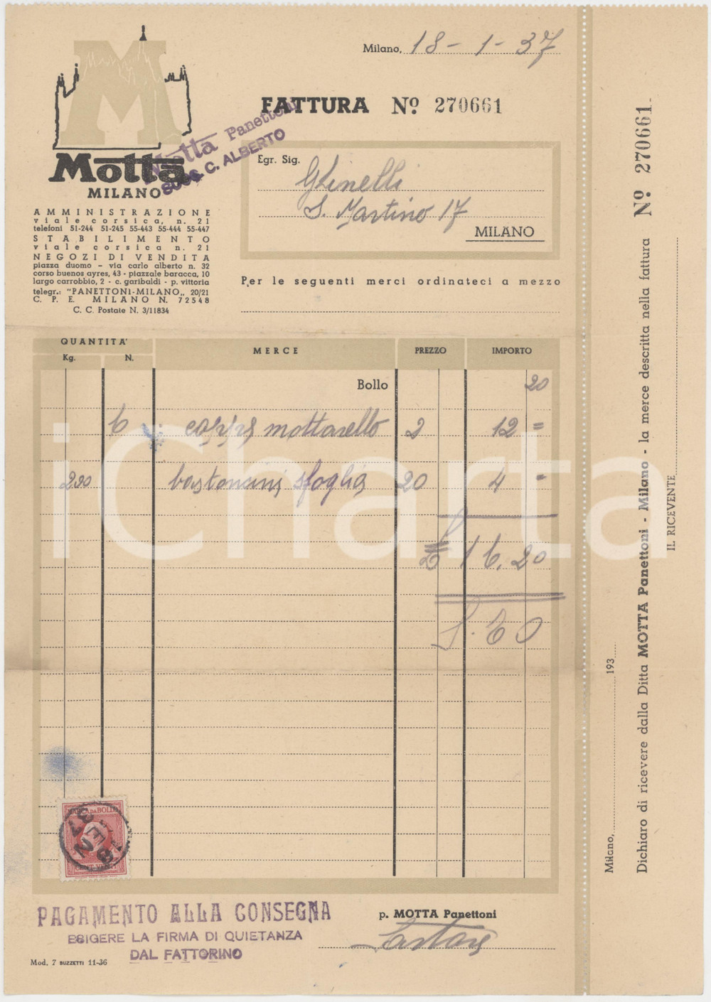 Documento originale, autentico 1937 MILANO Via Carlo Alberto 32  MOTTA Panettoni S.A.  Fattura per dolciumi 1