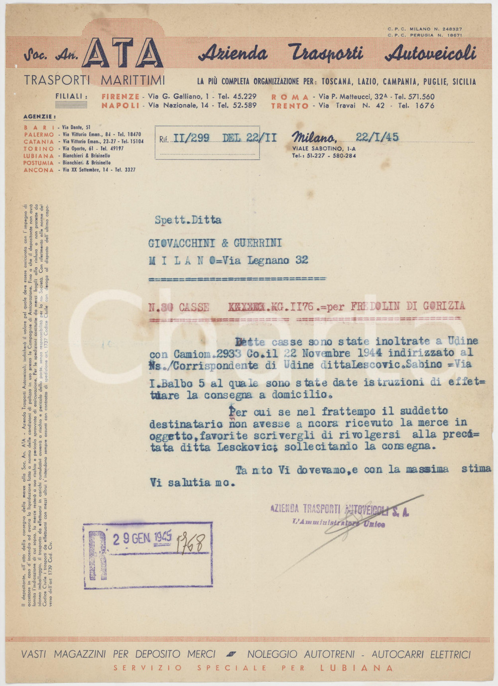 Documento originale, autentico 1945 MILANO  ATA Azienda Trasporti Autoveicoli Invio casse Lettera commerciale 1