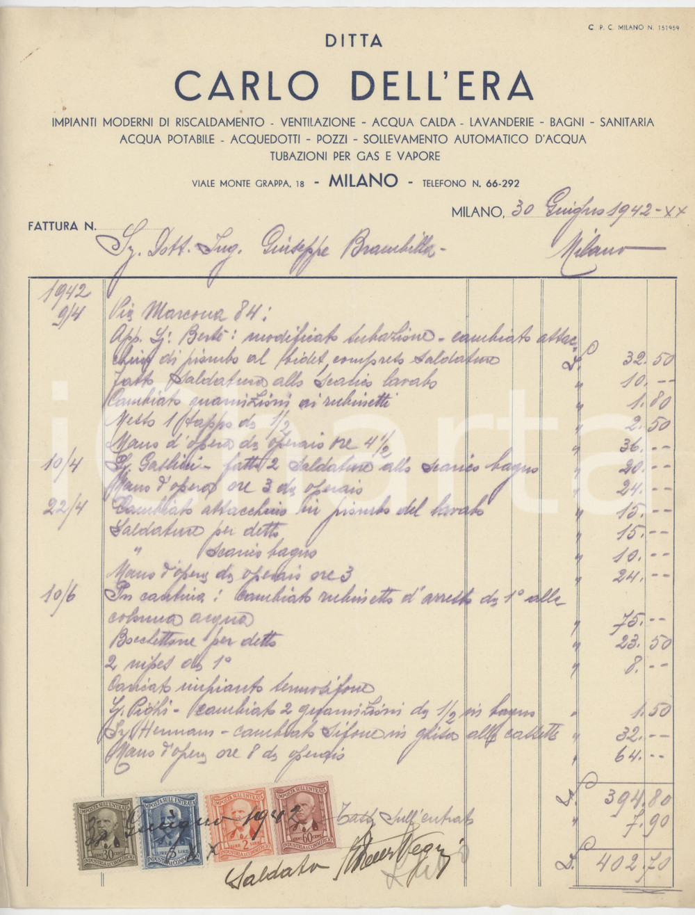 Documento originale, autentico 1942 MILANO Ditta Carlo DELL ERA Impianti di riscaldamento  Fattura commerciale 1