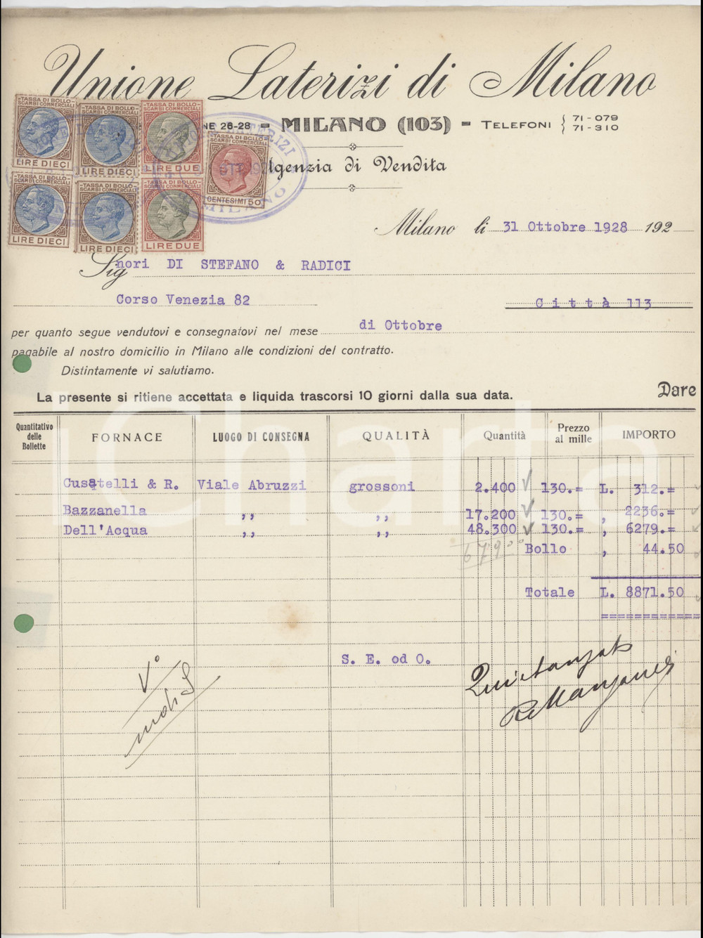 Documento originale, autentico 1928 MILANO  Unione Laterizi Agenzia di vendita  Fattura mattoni 1
