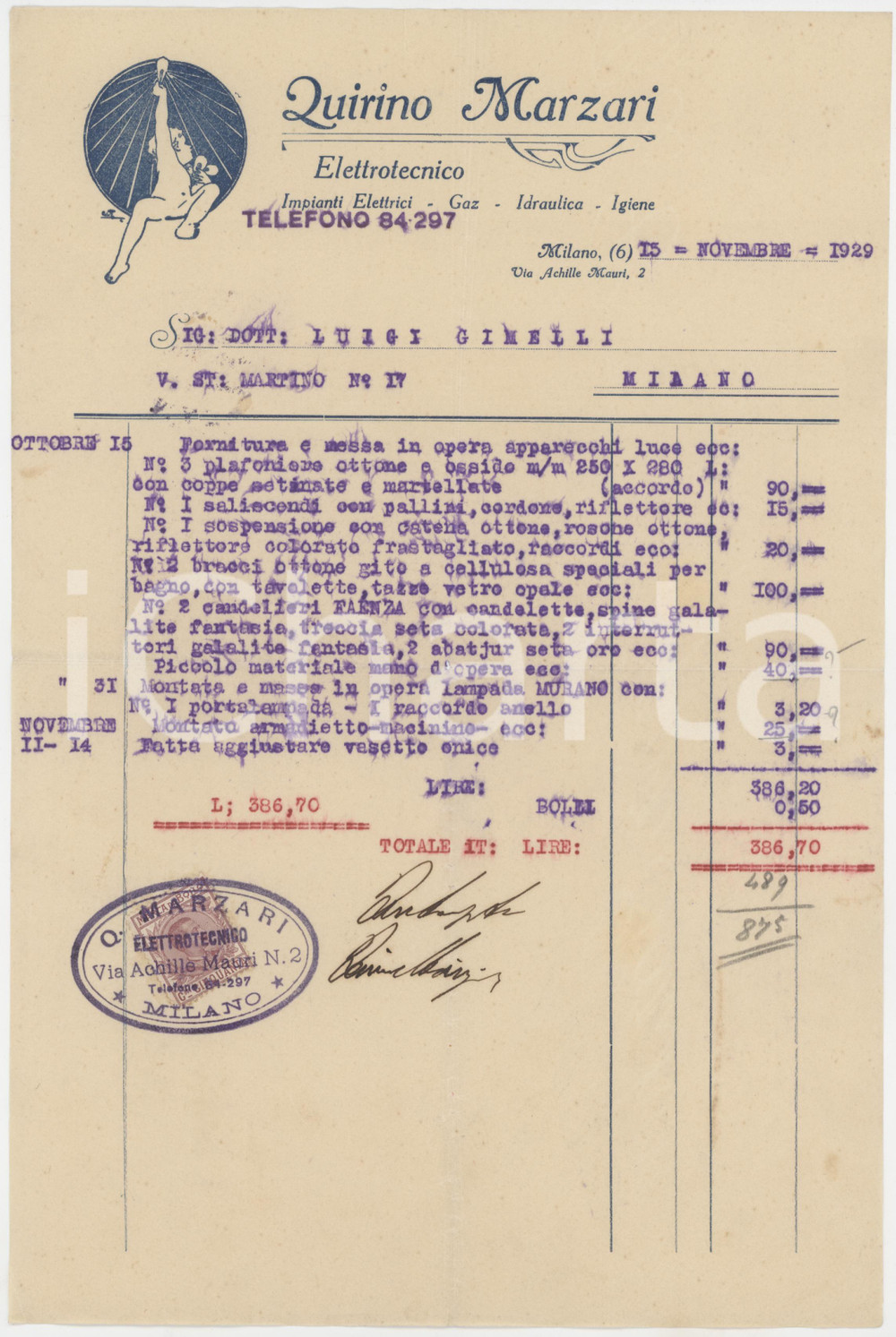 Documento originale, autentico 1929 MILANO Via Achille Mauri 2  Quirino MARZARI Apparecchi luce  Fattura 1