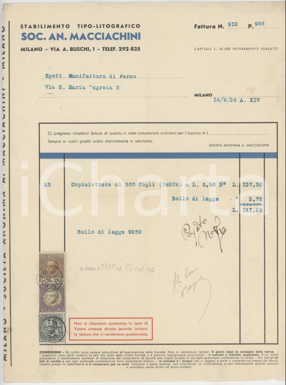 Documento originale, autentico 1936 MILANO via Buschi  Stabilimento TipoLitografico MACCIACHINI  Fattura 1