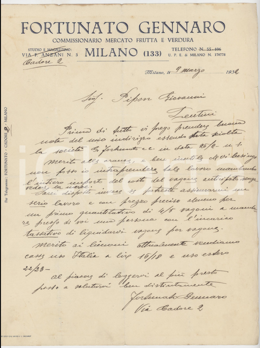 Documento originale, autentico 1932 MILANO Gennaro FORTUNATO Commissario Mercato Frutta e Verdura  Lettera 1
