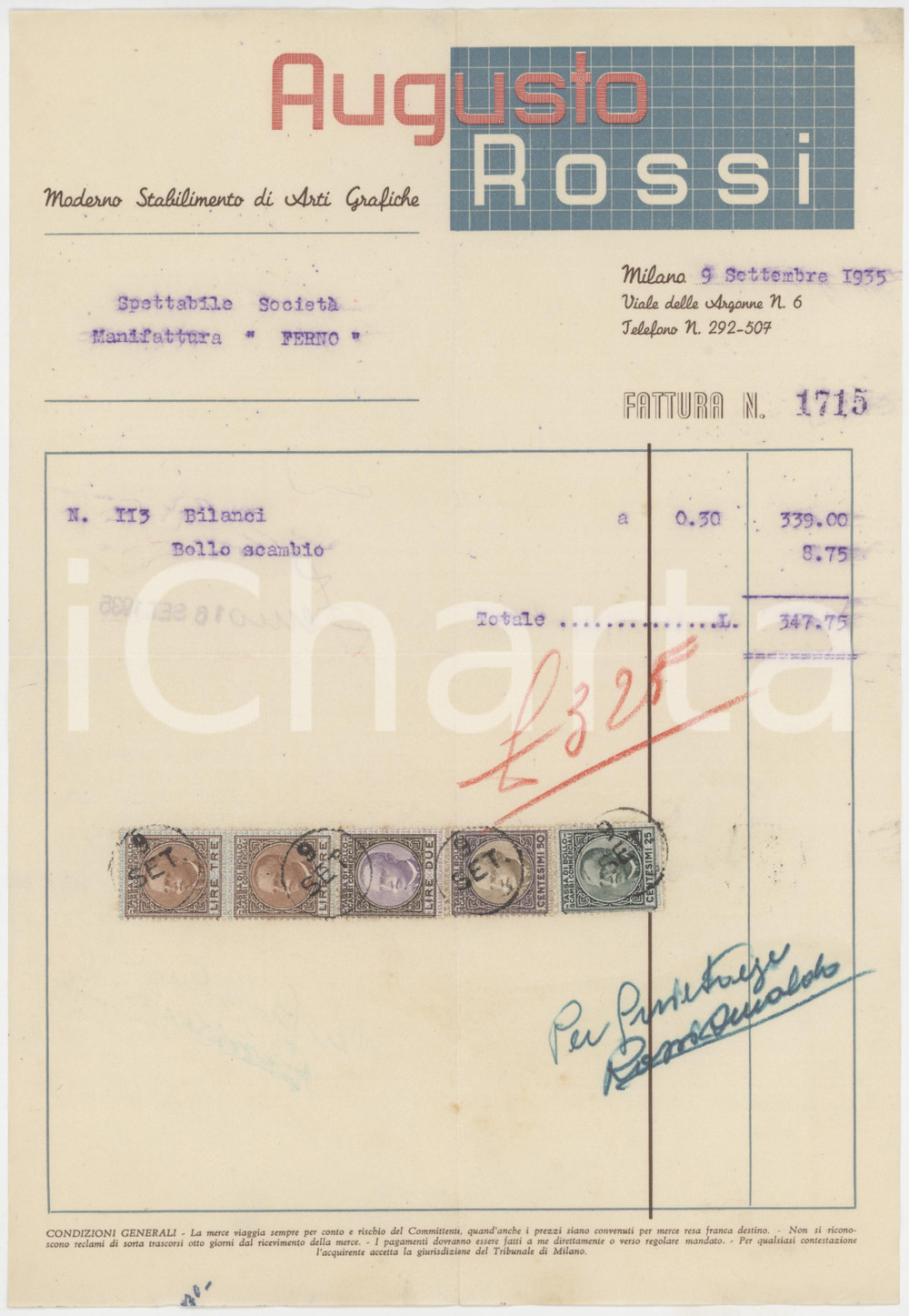 Documento originale, autentico 1935 MILANO Moderno Stabilimento di Arti Grafiche Augusto ROSSI Bilanci Fattura 1