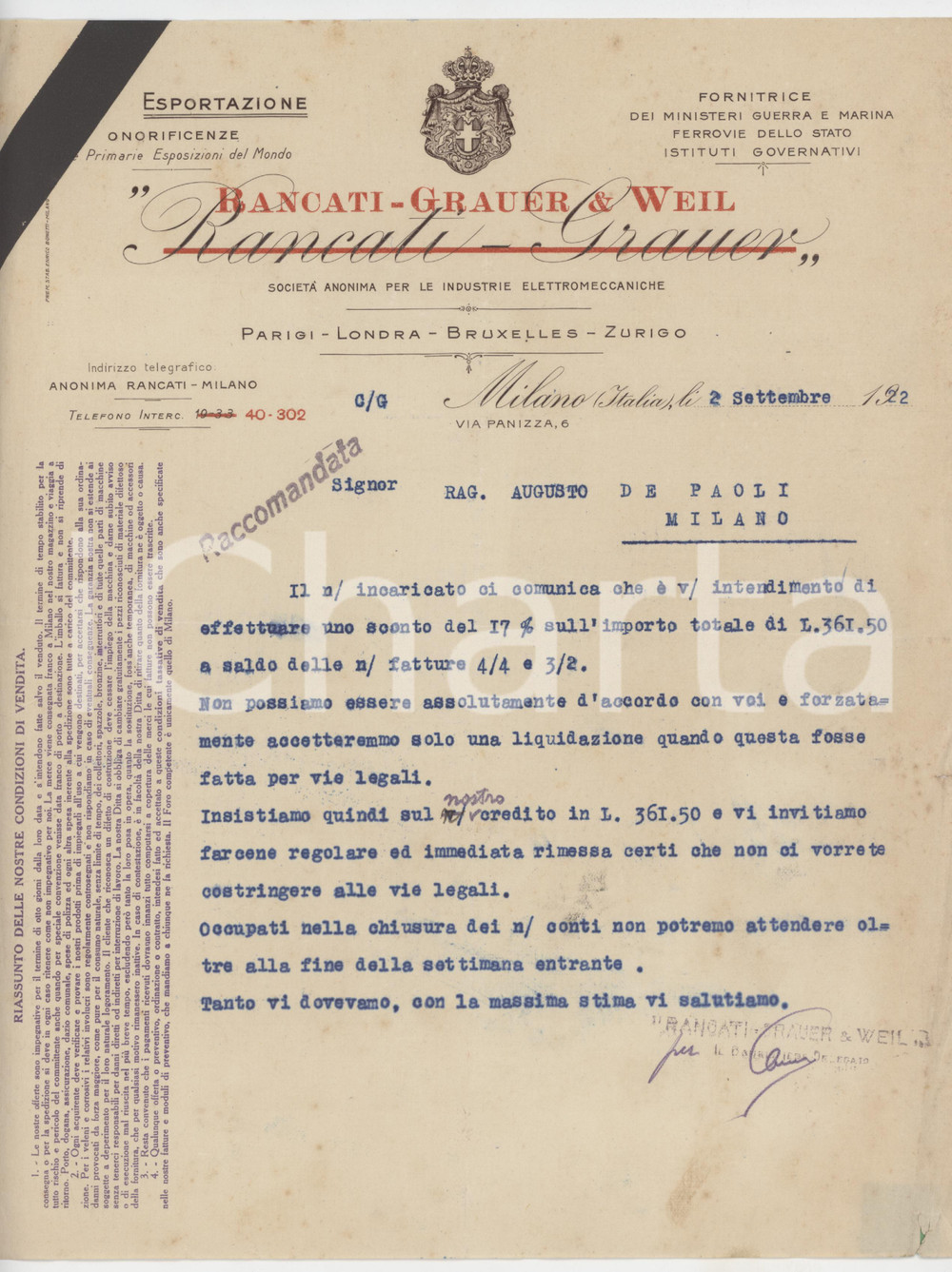 Documento originale, autentico 1922 MILANO Via Panizza 6  S.A. RANCATI  GRAUER & WEIL  Lettera commerciale 1