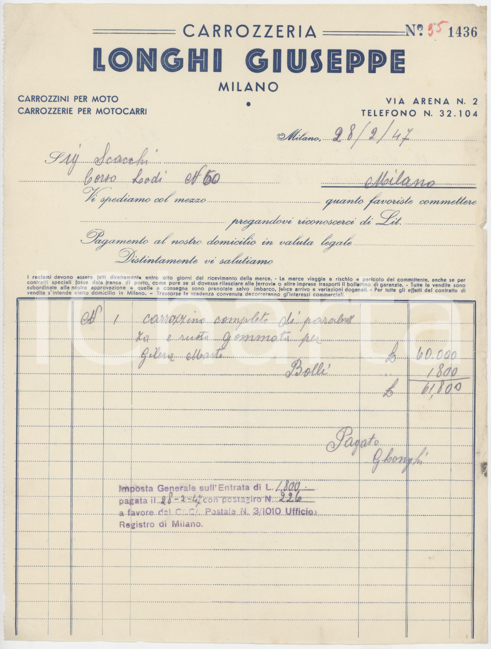 Documento originale, autentico 1947 MILANO Via Arena  Longhi GIUSEPPE Carrozzeria  Carrozzino GILERA Fattura 1