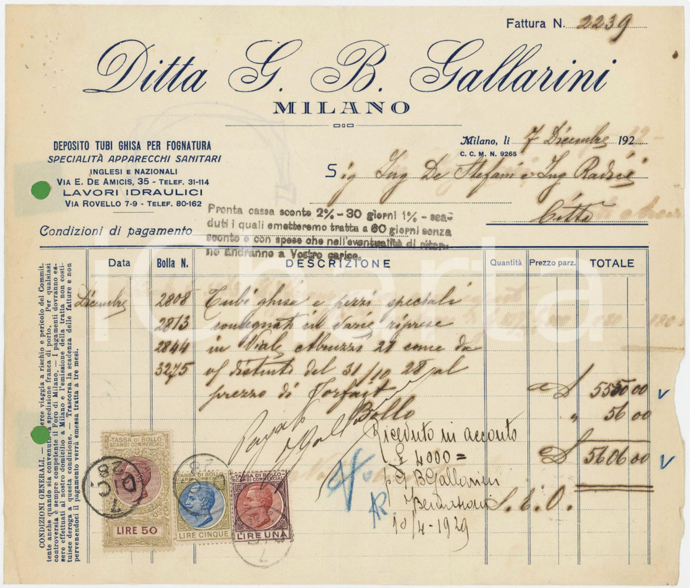 Documento originale, autentico 1928 MILANO Via E. De Amicis 35  Ditta G. B. GALLARINI Tubi in ghisa  Fattura 1