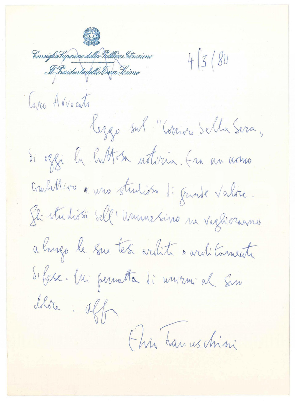 Autografo originale 1980 ROMA Lettera Ezio FRANCESCHINI per condoglianze  AUTOGRAFO 1
