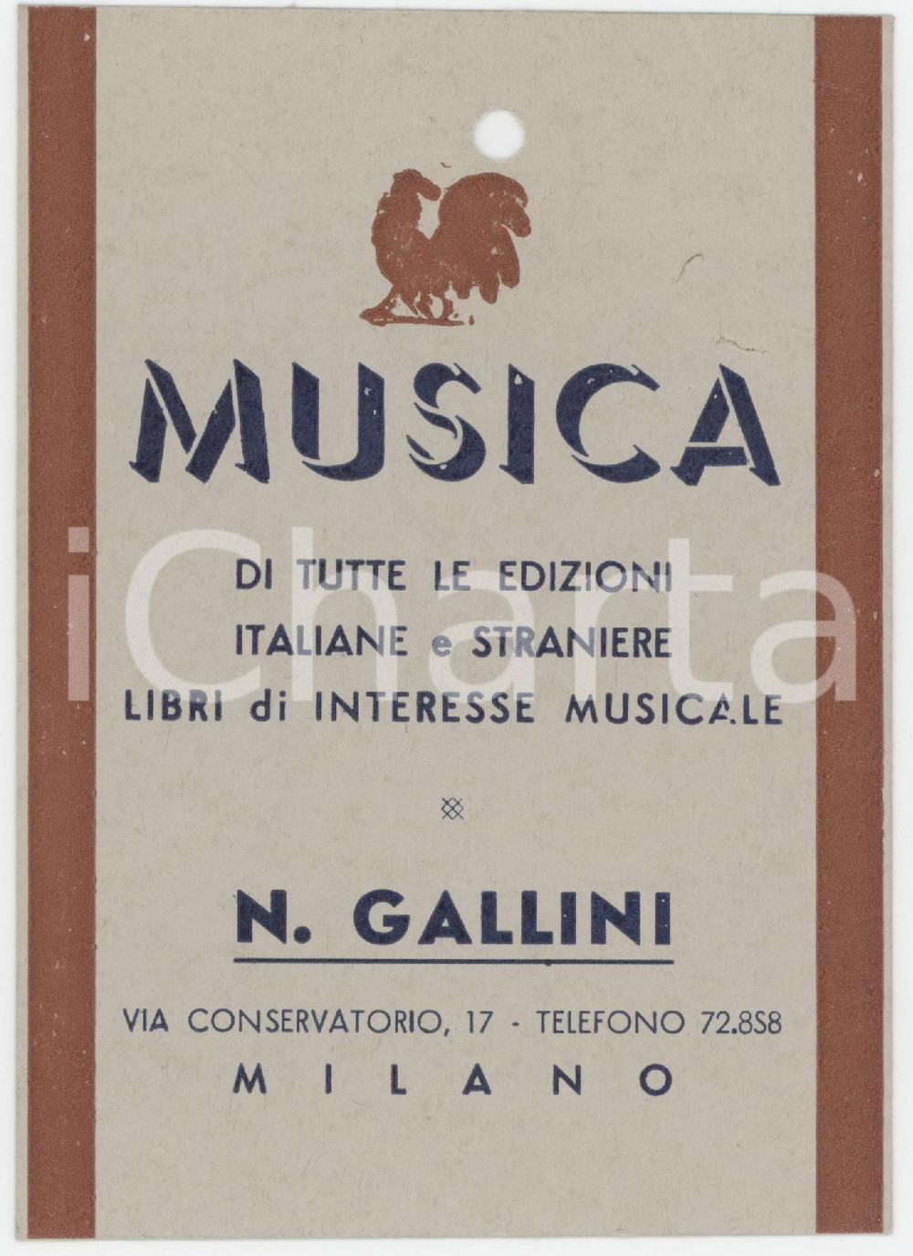 Materiale pubblicitario d’epoca 1940 MILANO Musica di N. GALLINI Libreria musicale  Biglietto 9x12 cm 1