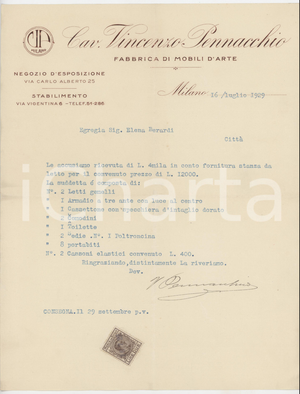 Documento originale, autentico 1929 MILANO Cav. Vincenzo PENNACCHIO Fabbrica di mobili  Ricevuta per acquisto 1