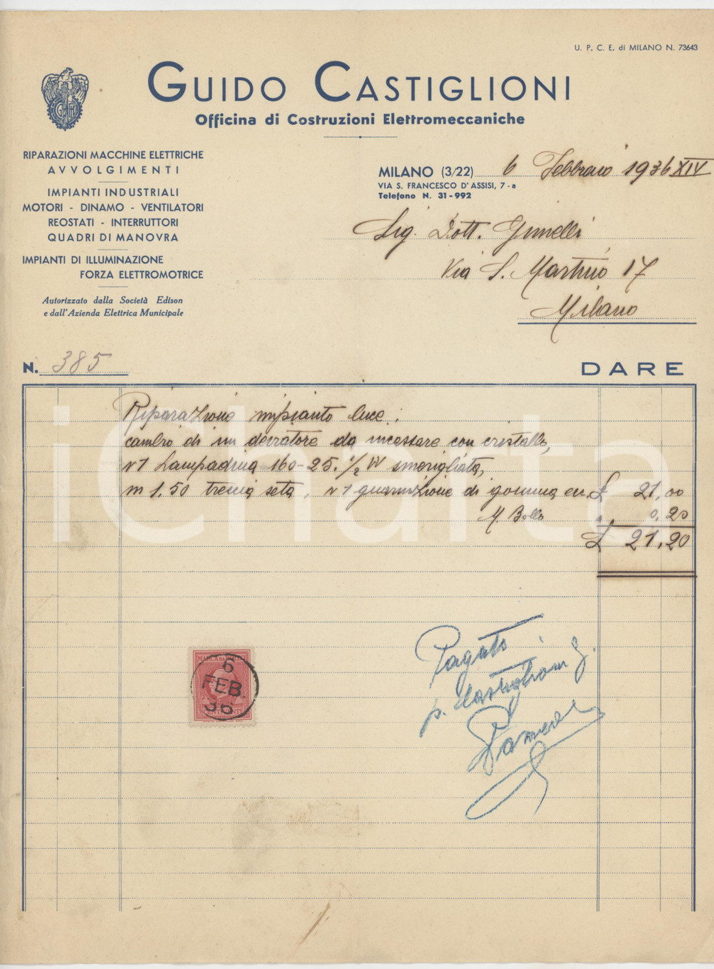 Documento originale, autentico 1936 MILANO  Officina Guido CASTIGLIONI Riparazione impianto luce  Fattura 1
