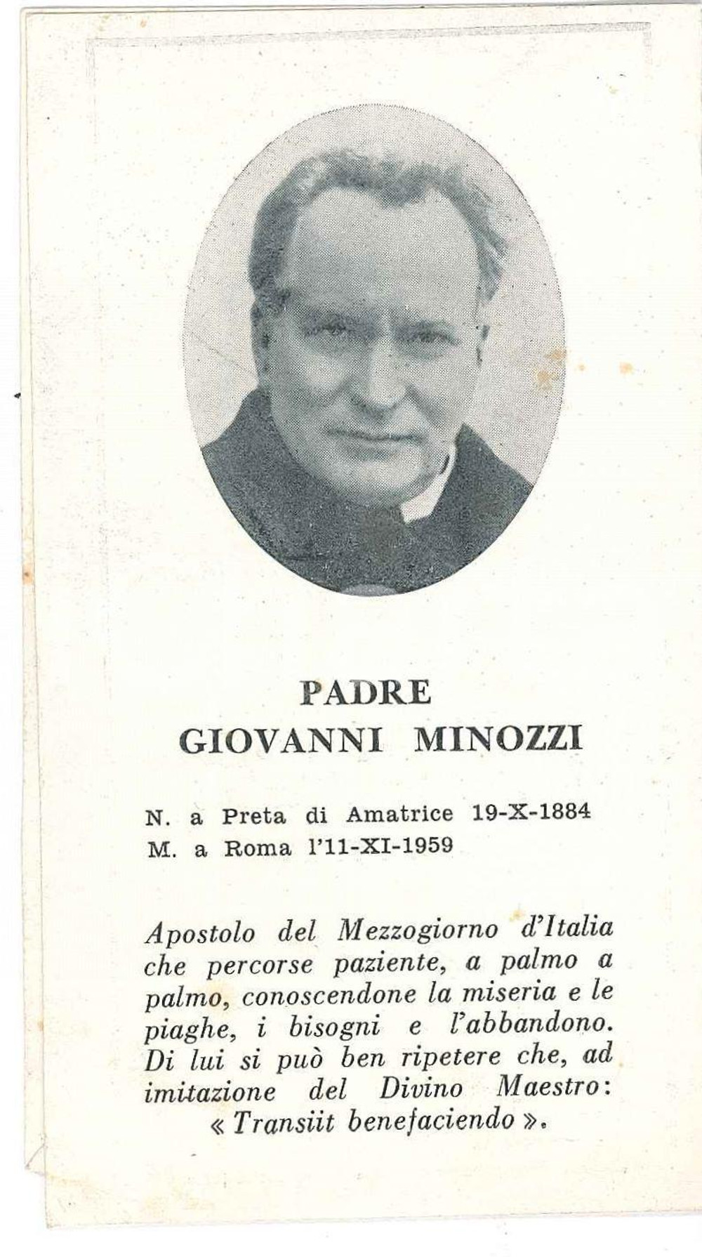 Oggetto da collezione cartaceo 1959 ROMA In memoria di Padre Giovanni MINOZZI Santino ILLUSTRATO 6x11 1