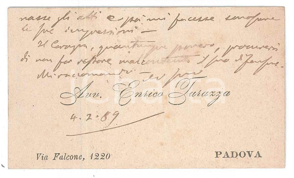 Autografo originale 1889 PADOVA Avv. Enrico TURAZZA  Biglietto da visita AUTOGRAFO 1