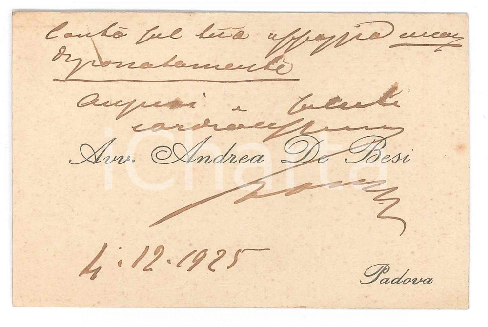 Autografo originale 1925 PADOVA Avv. Andrea DE BESI  Biglietto da visita AUTOGRAFO 1