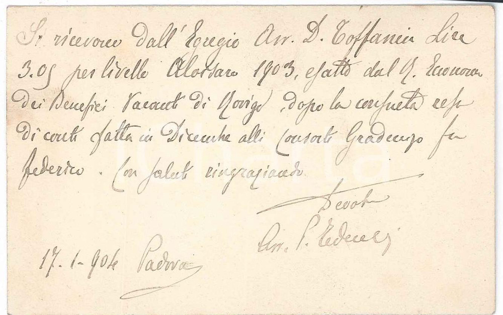 Autografo originale 1904 PADOVA Avv. Prospero TEDESCHI Banca Cattolica Padovana Biglietto AUTOGRAFO 1